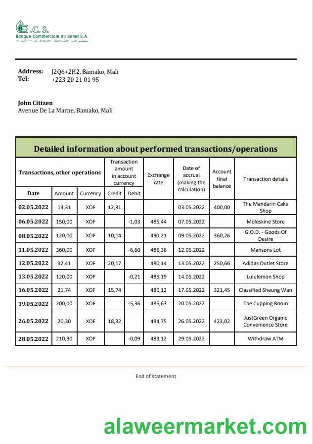 Mali Banque Commerciale du Sahel bank statement
